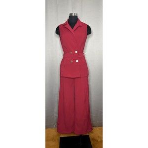 Women Red Belted Sleeveless High Waist Pants Co-Ord Set One Size Small to Large